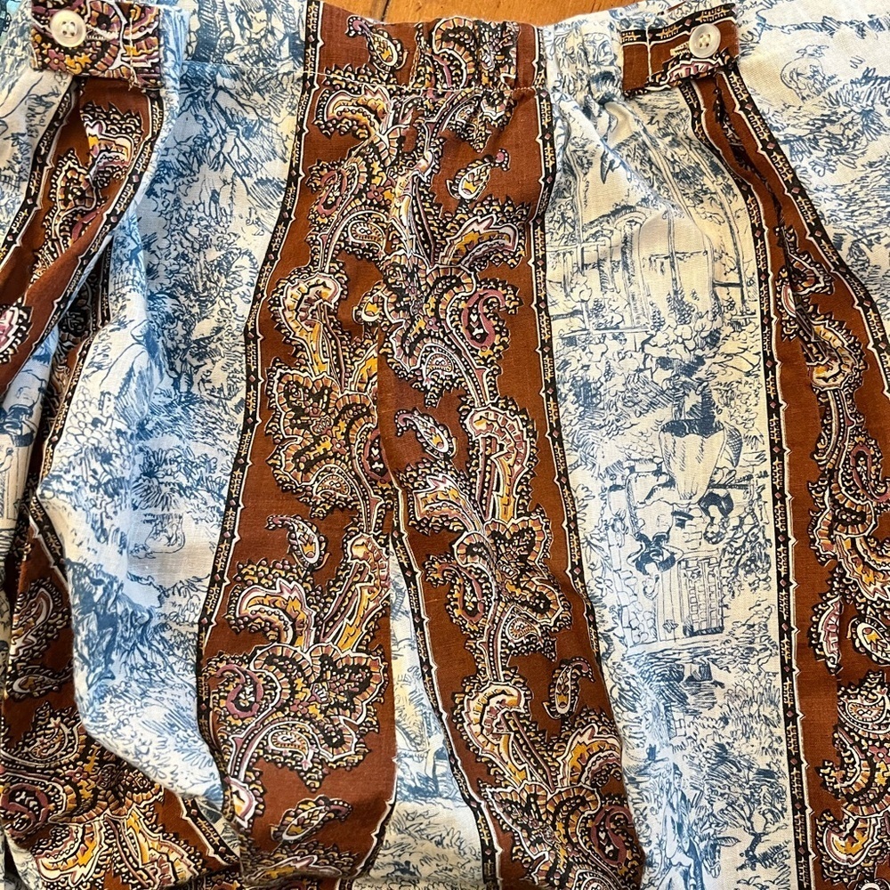 Vintage Pleetway Balloon Seat Pajama Brown Paisley Blue Toile Set Size C Large - Picture 4 of 8